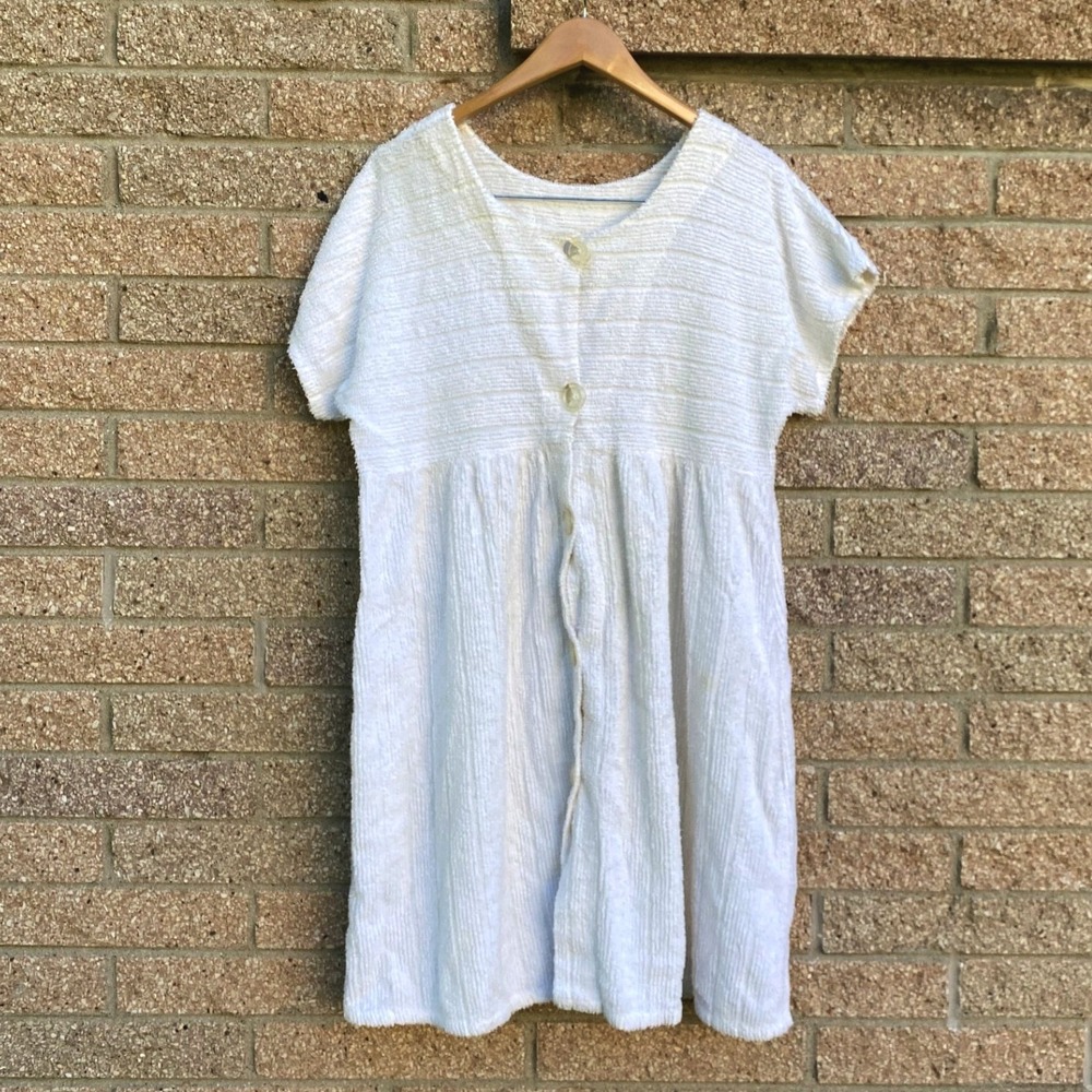 Vintage Terry Cloth Button White Cover Up Mini Dress Medium Coastal Beach‎ Retro